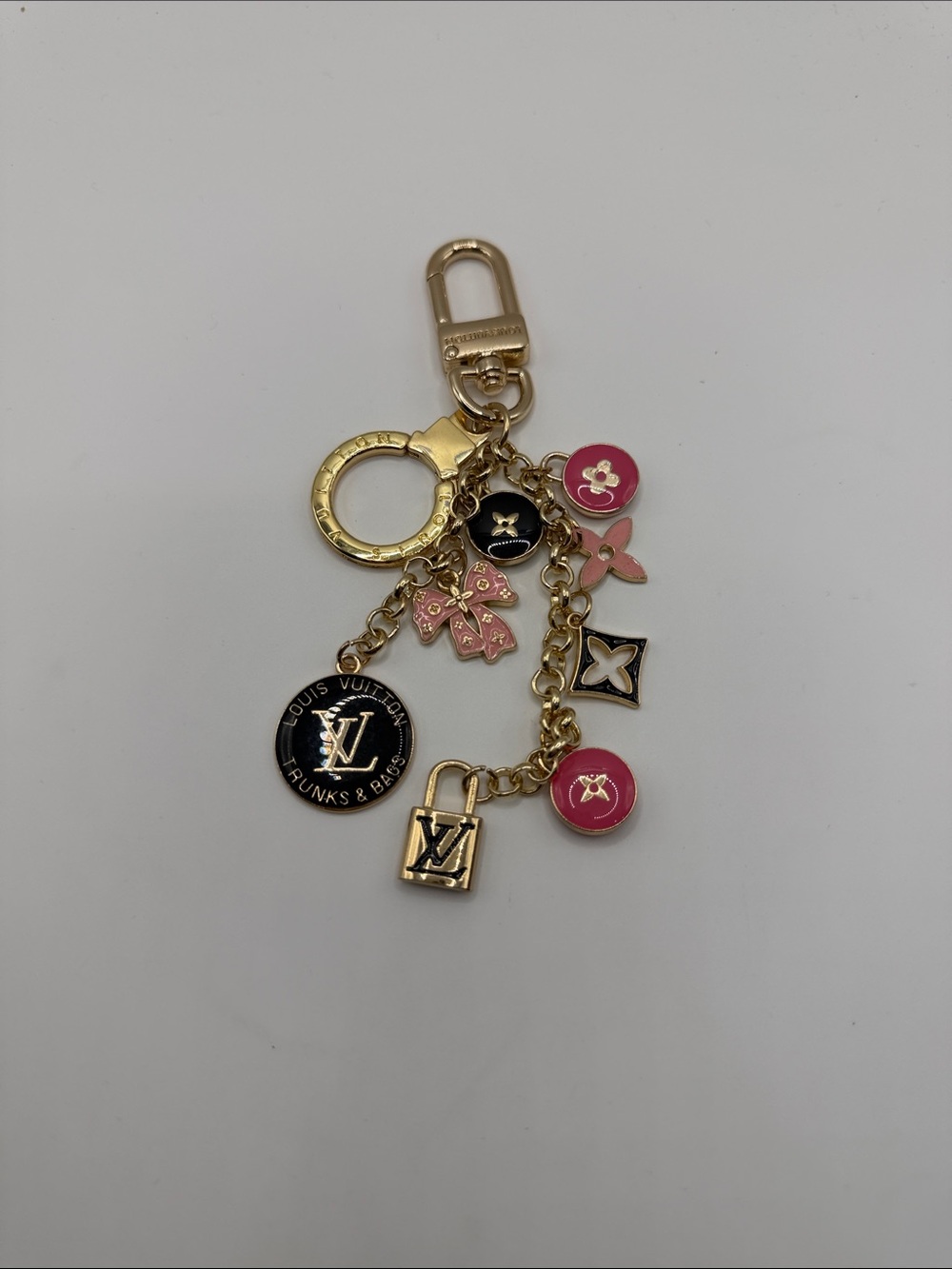1413. Gold-Tone Key Chain or Bag Charm with Pink & Black Enamel Accents